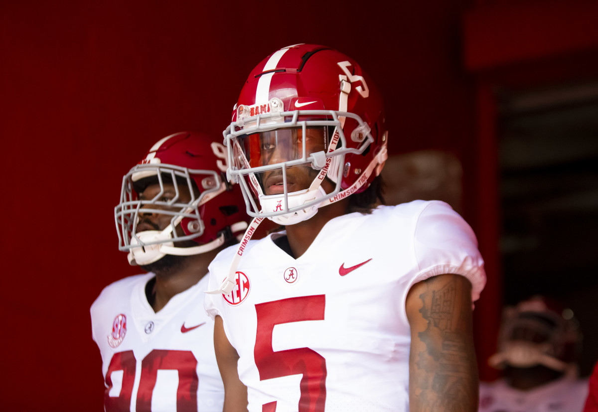 Gainesville, Florida, USA; Alabama Crimson Tide defensive back Jalyn Armour-Davis (5) against the Florida Gators at Ben Hill Griffin Stadium